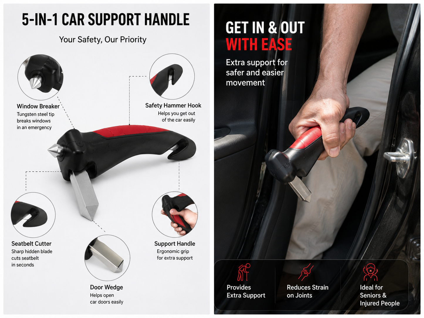 5-in-1 Car Support Handle with Window Breaker